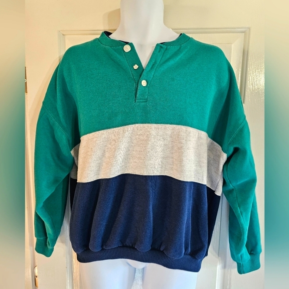 Fremantle M 80s Colorblock Henley Sweatshirt Preppy VTG Rare Worn Green Navy - Picture 2 of 7